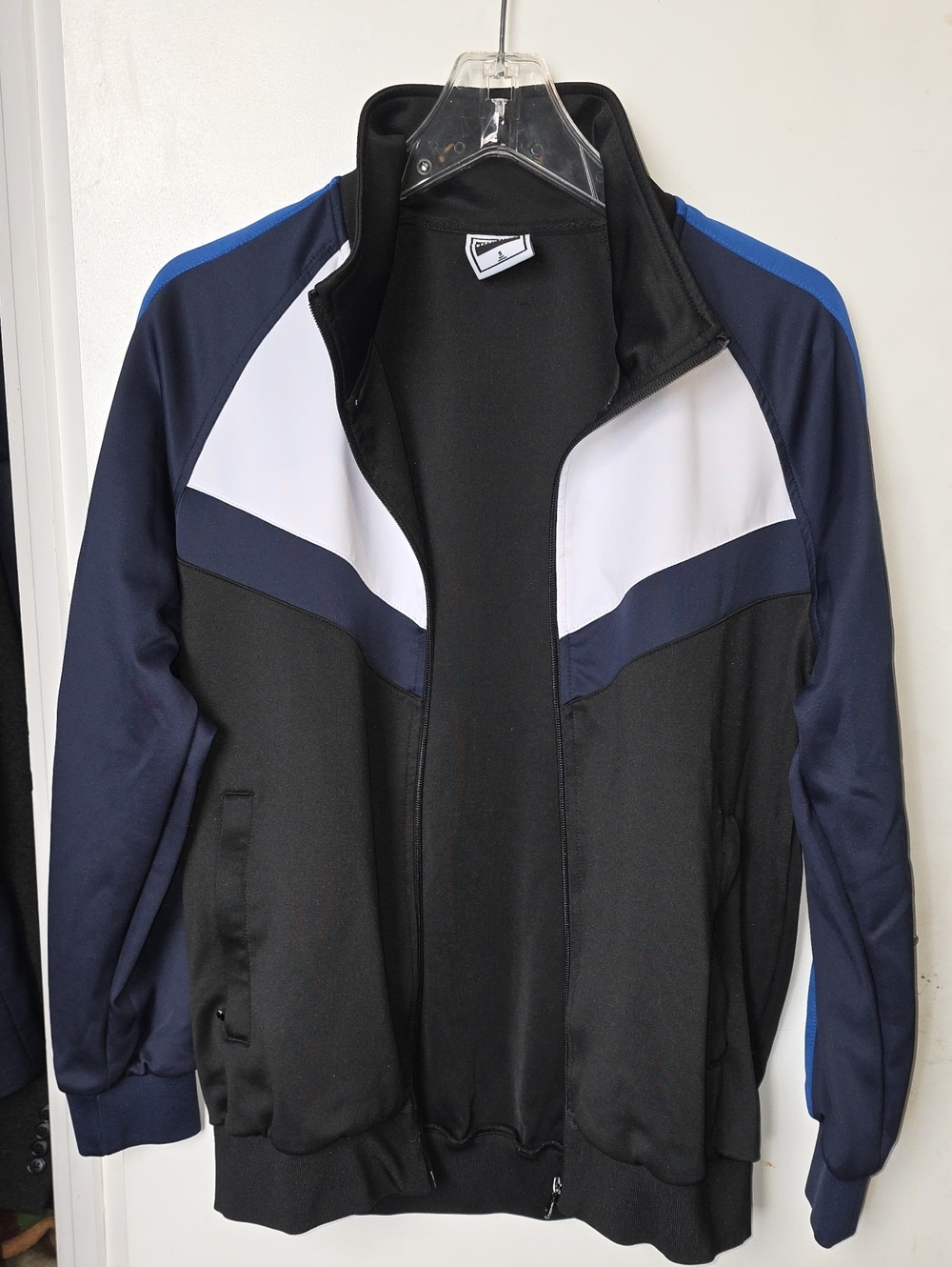 Men's Black & Navy Colorblock Bomber Jacket with White Accents